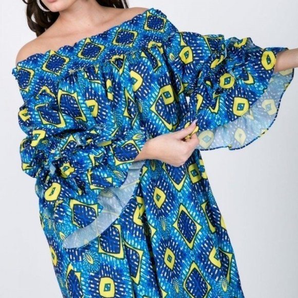 Women's Puffy Ruffle Sleeve Smocking Off Shoulder Print Midi Dress For Valentine - Picture 3 of 4